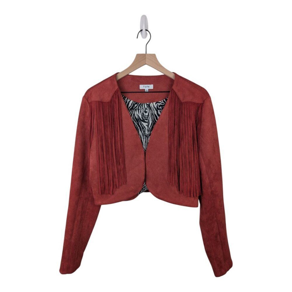 FATE | Faux Suede Fringe Cropped Jacket | Brick Red/Burnt Orange | Large